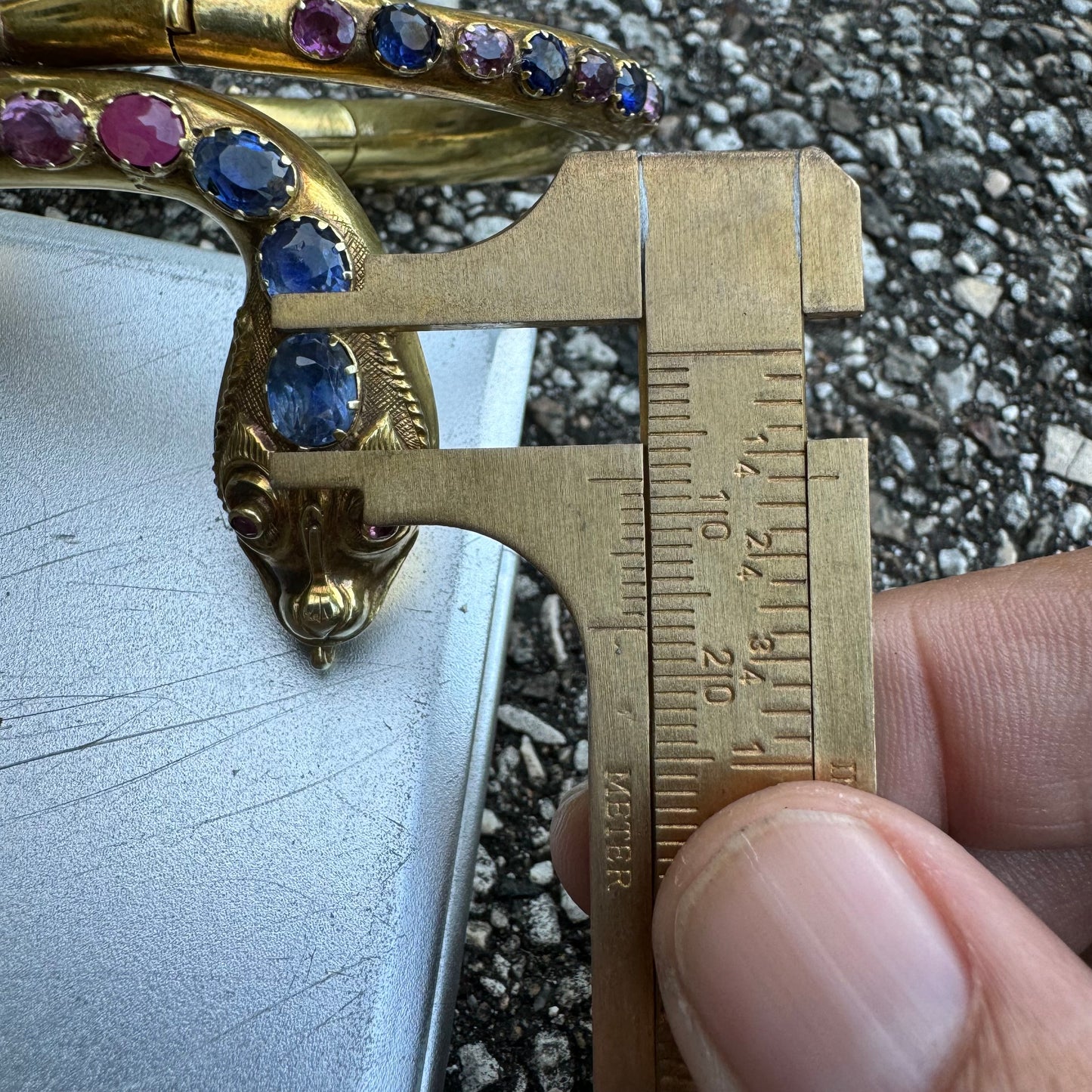 Mid 1800’s 15k Yellow Gold Blue And Pink Sapphire Encrusted Snake Bracelet (6”-7”)