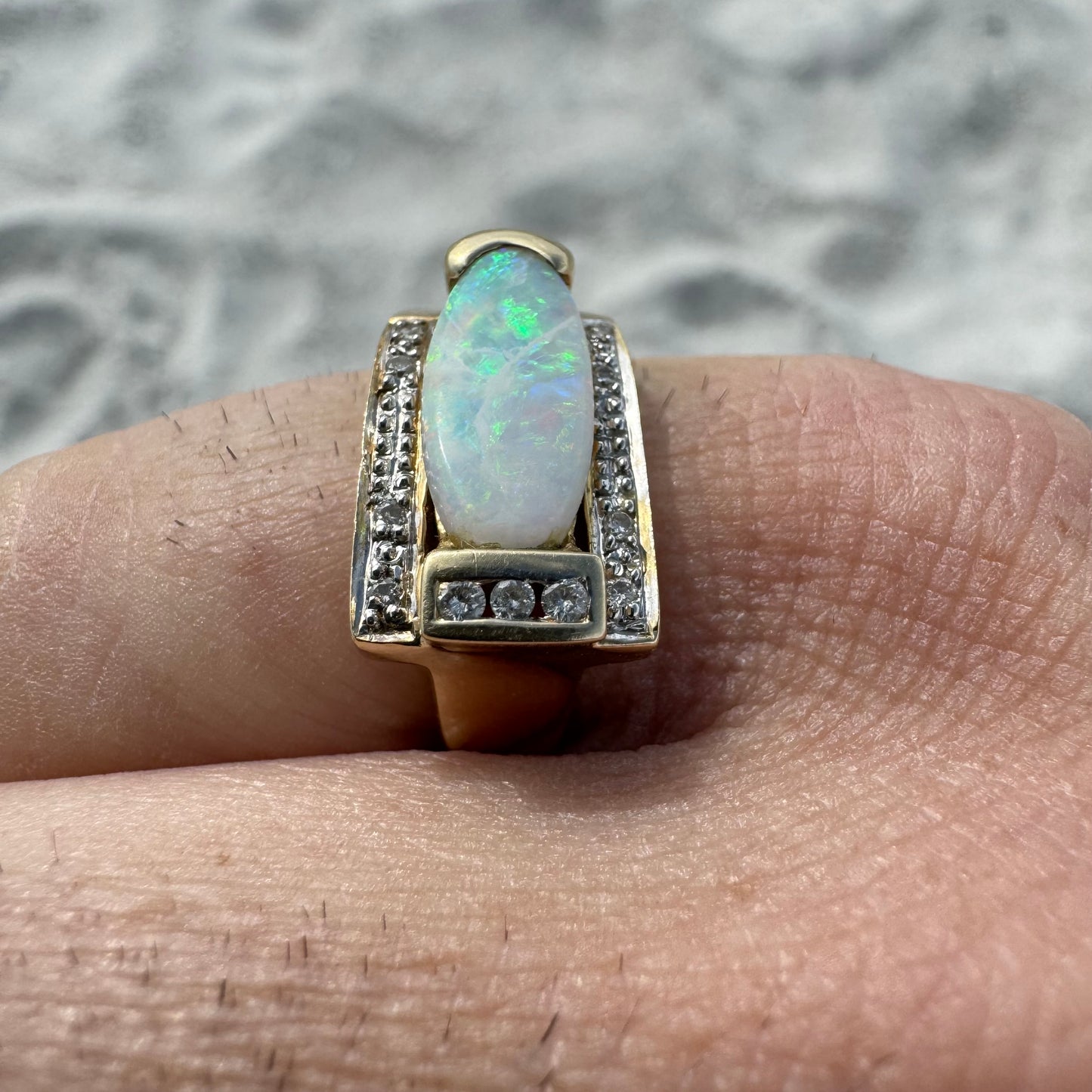 Vintage 14k Yellow Gold Chunky Natural Diamond And Opal Modernist Ring (6.5)