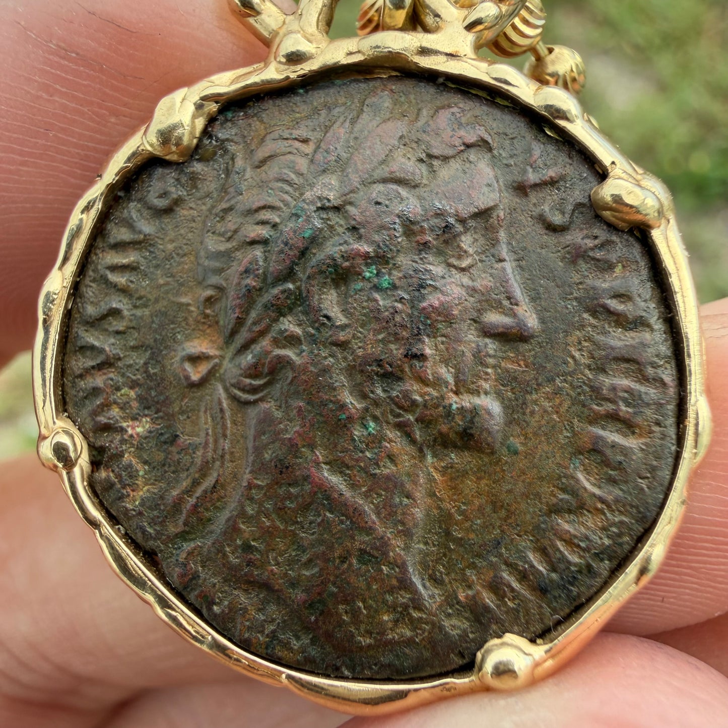 Vintage Solid 14k Yellow Gold Ancient 156-158A.D Antoninus Pius Roman Coin Brutalist Pendant