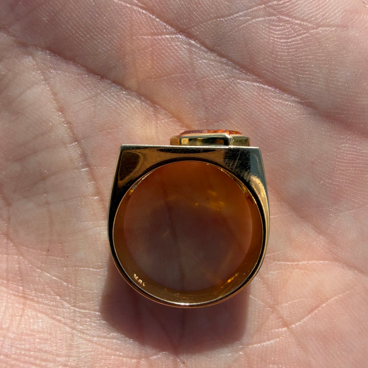 Vintage Solid 18k Yellow Gold Shield Cut Orange Sapphire And Diamond Signet Ring (8.25)