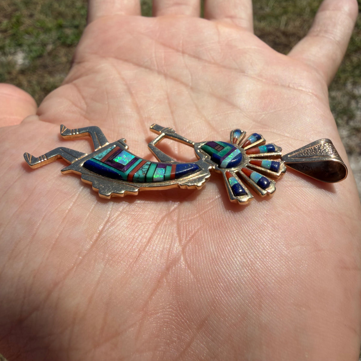 Vintage Native Southwestern Solid 14k Yellow Gold Multi-Stone Inlaid Kokopelli Pendant Signed “R. Nessie”