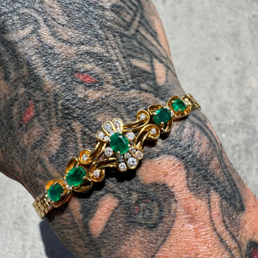 Vintage 18k Yellow Gold 3.25ctw Natural Columbian Emerald And Diamond Panther Link Bracelet (7.25”)