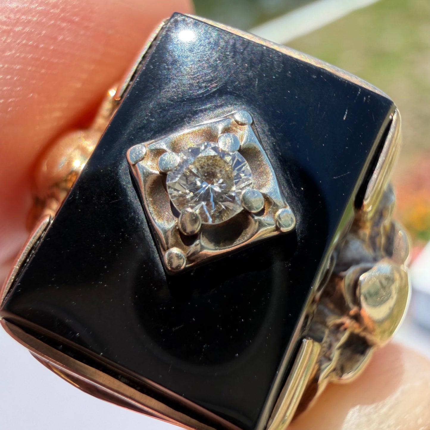 1940’s Solid 10k Yellow Gold Black Onyx Natural Diamond Solitaire Double Snake Signet Ring (9)