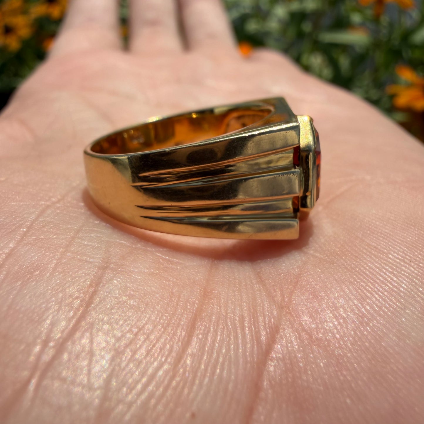 Vintage Solid 18k Yellow Gold Shield Cut Orange Sapphire And Diamond Signet Ring (8.25)