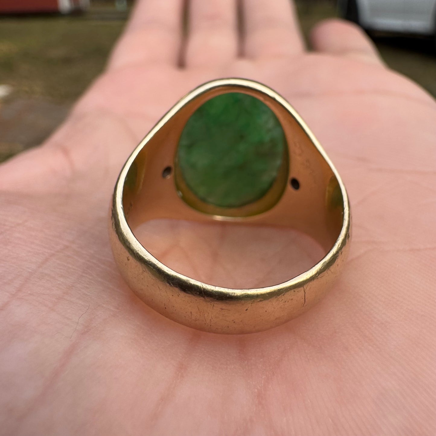Art Deco Solid 14k Yellow Gold Jade & Diamond Dragon & Floral Carved Signet Ring By Larter And Sons (9.5)