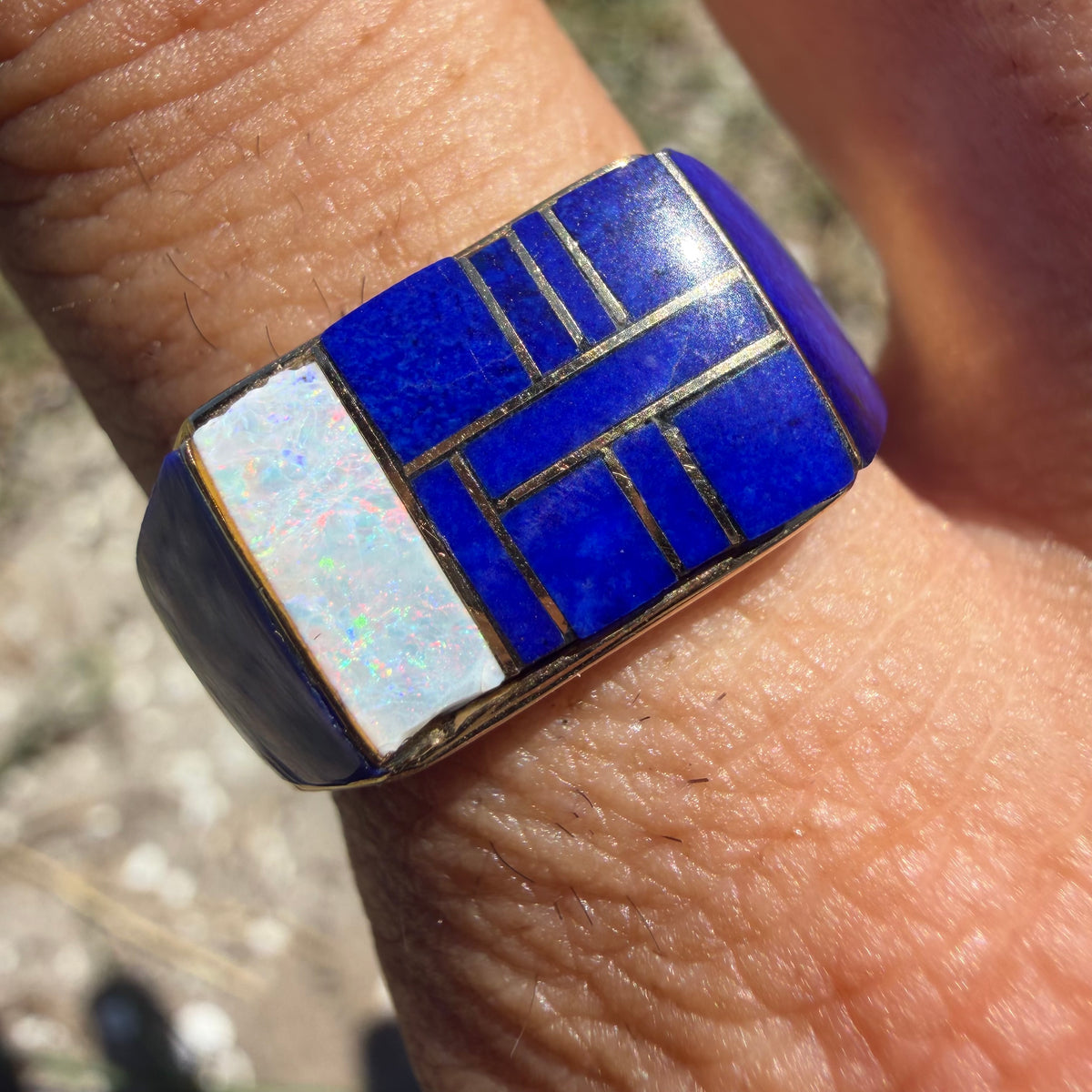 Vintage Solid 14k Yellow Gold Native Southwestern Artist Signed “Gay” Opal And Lapis Inlaid Signet Ring (10.5)