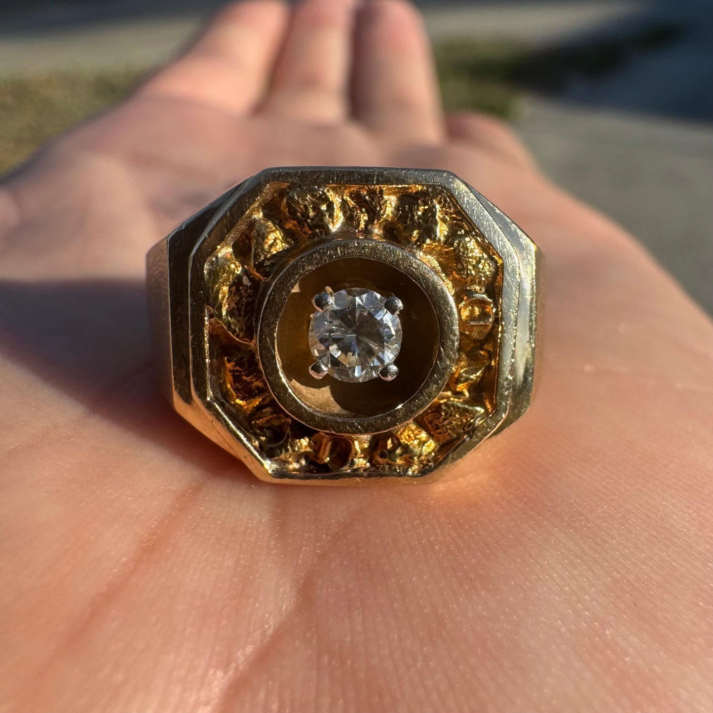 Vintage 14k Yellow Gold .35ct Natural Diamond 22k Raw Gold Nugget Inlaid Signet Ring (8.5)