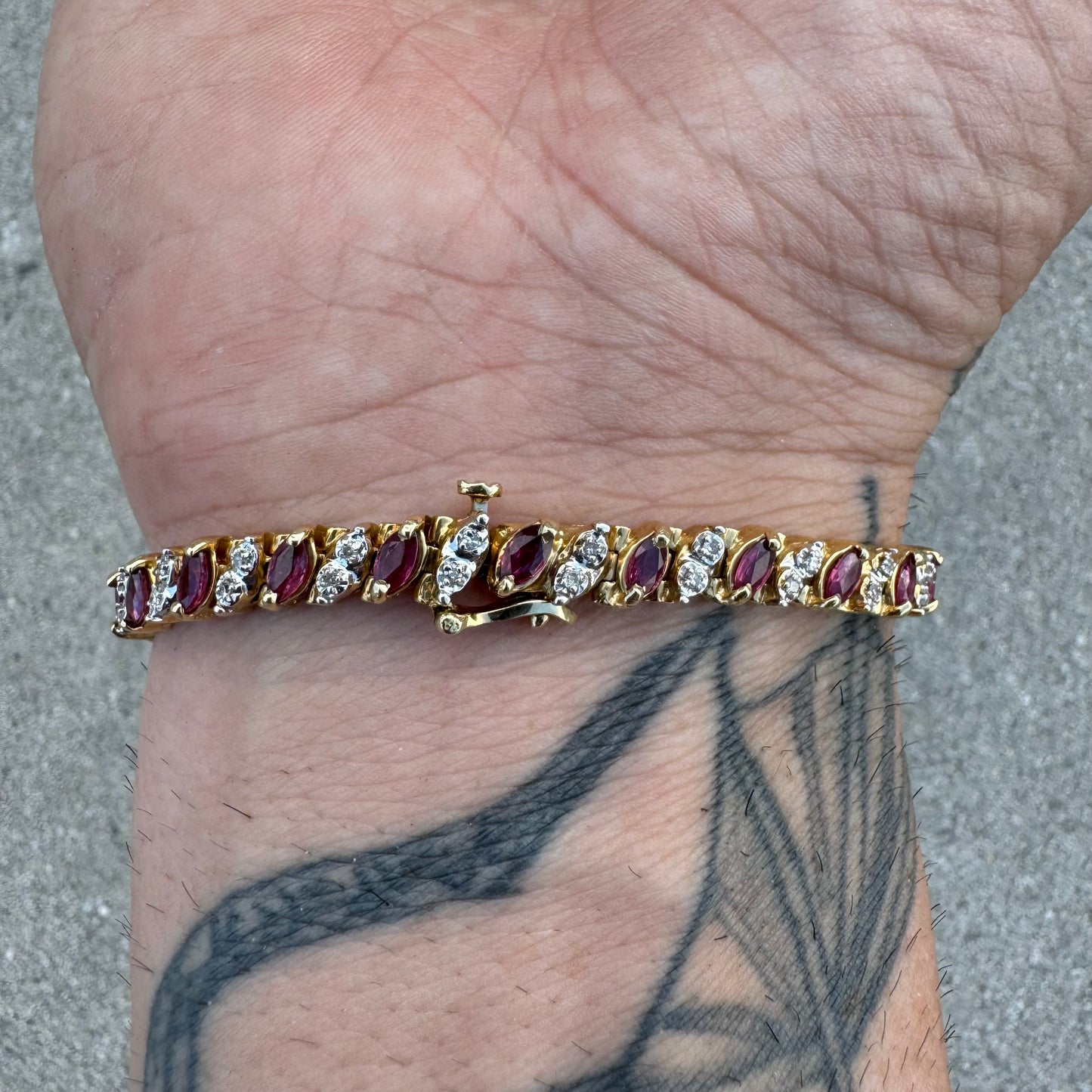 Vintage Solid 14k Yellow Gold 5.0Ctw Natural Ruby And .50ctw Diamond Tennis Bracelet (7.25”)