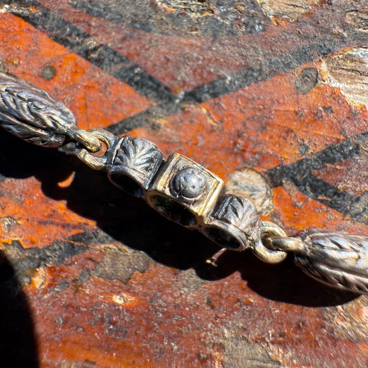 Early 1800’s Georgian Era Solid 18k Yellow Gold Sterling SIlver Rose Cut Diamond Raw Emerald Seed Pearl Bracelet (6.5”)
