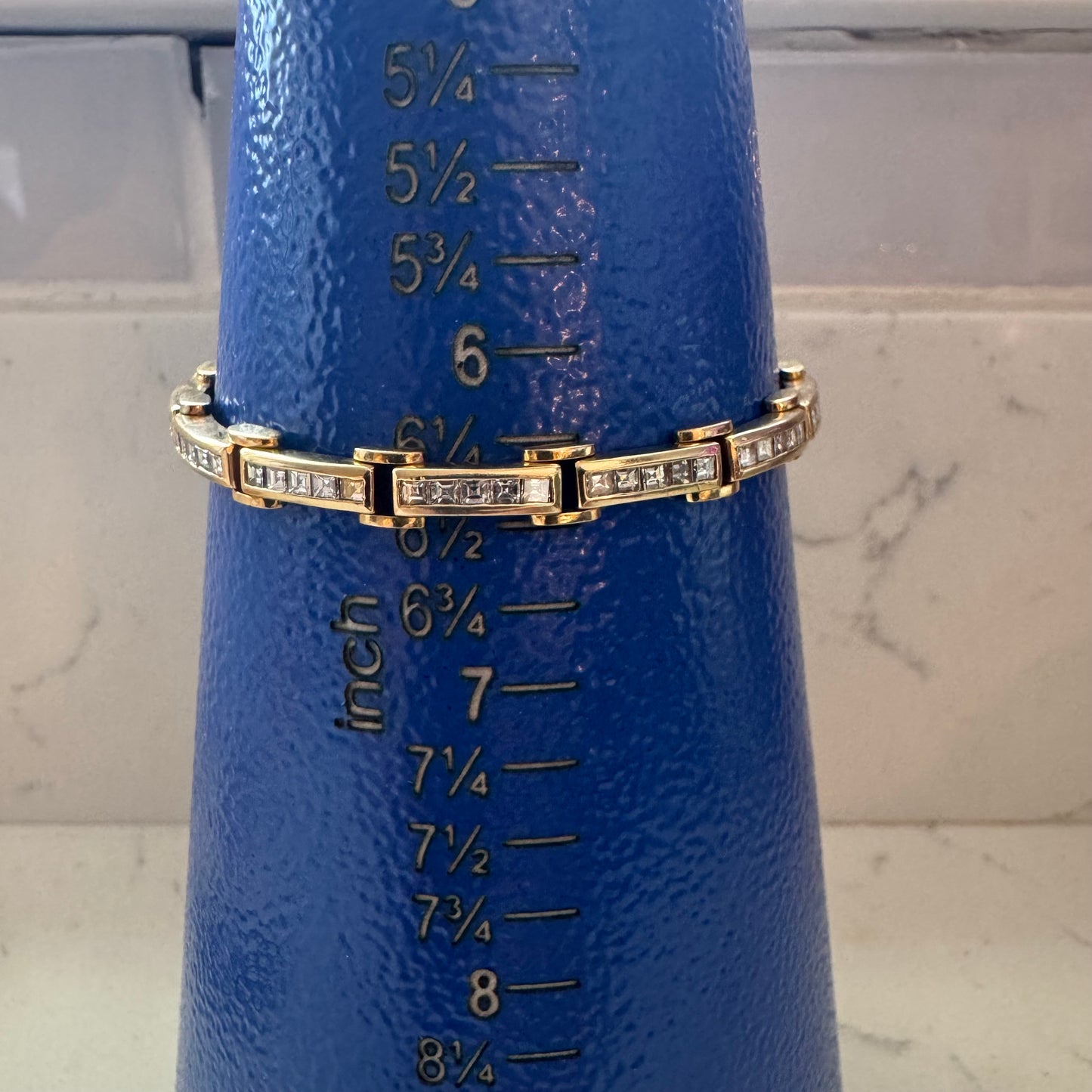 Vintage Custom Hand Crafted Solid 18k Yellow Gold 3.5CTW Natural Princess Cut Diamond Bracelet (6.5”)