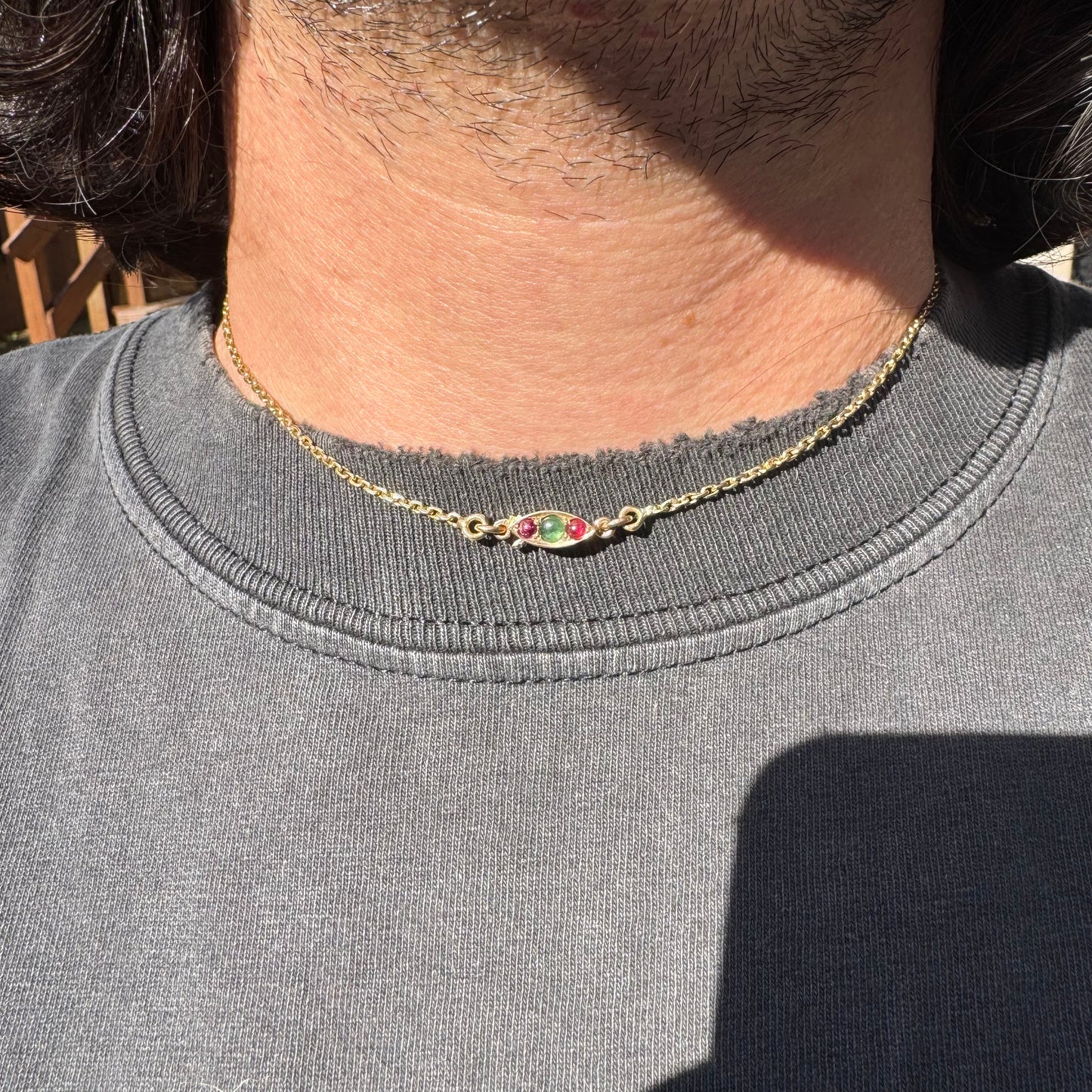 Antique Solid 14k Yellow Gold Natural Emerald And Ruby Encrusted “Biker Chain” Anchor Link Necklace (15.5”)