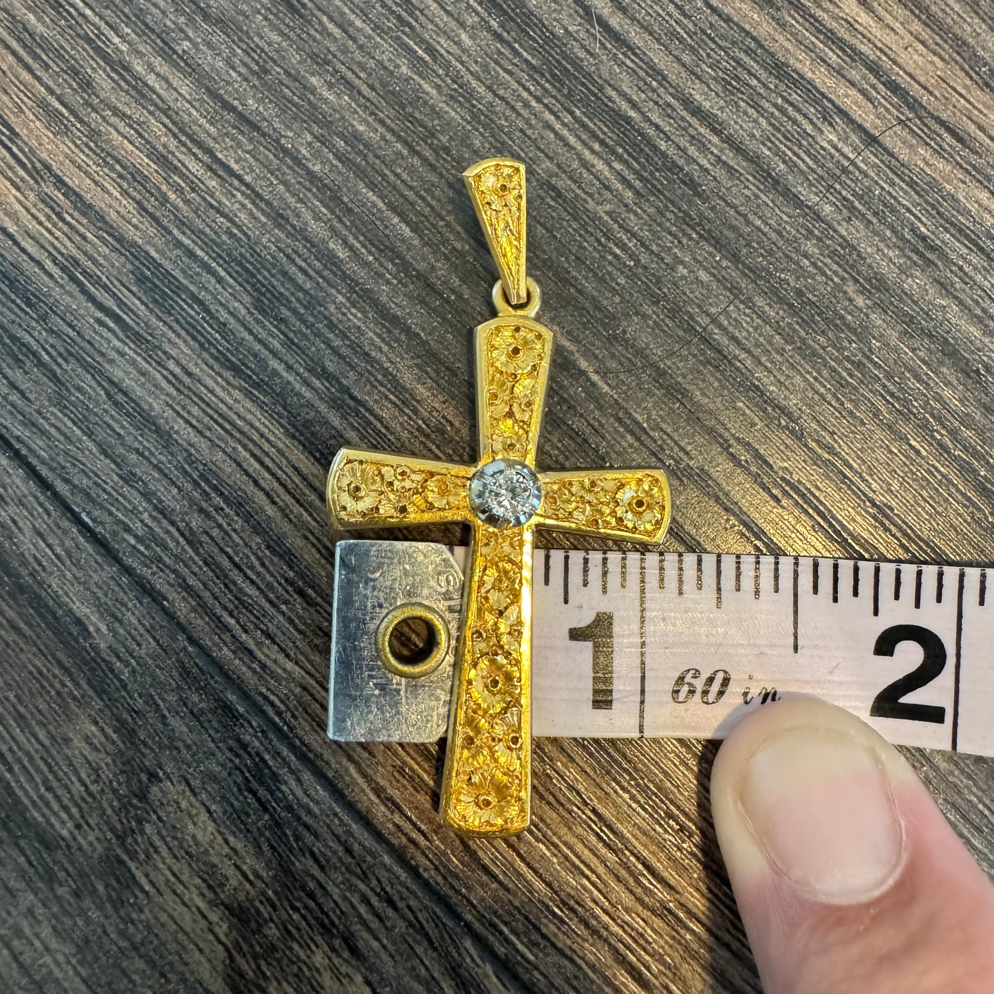 Art Deco Solid 18k Yellow Gold .25ct Natural Diamond Solitaire Hand Engraved Floral Cross