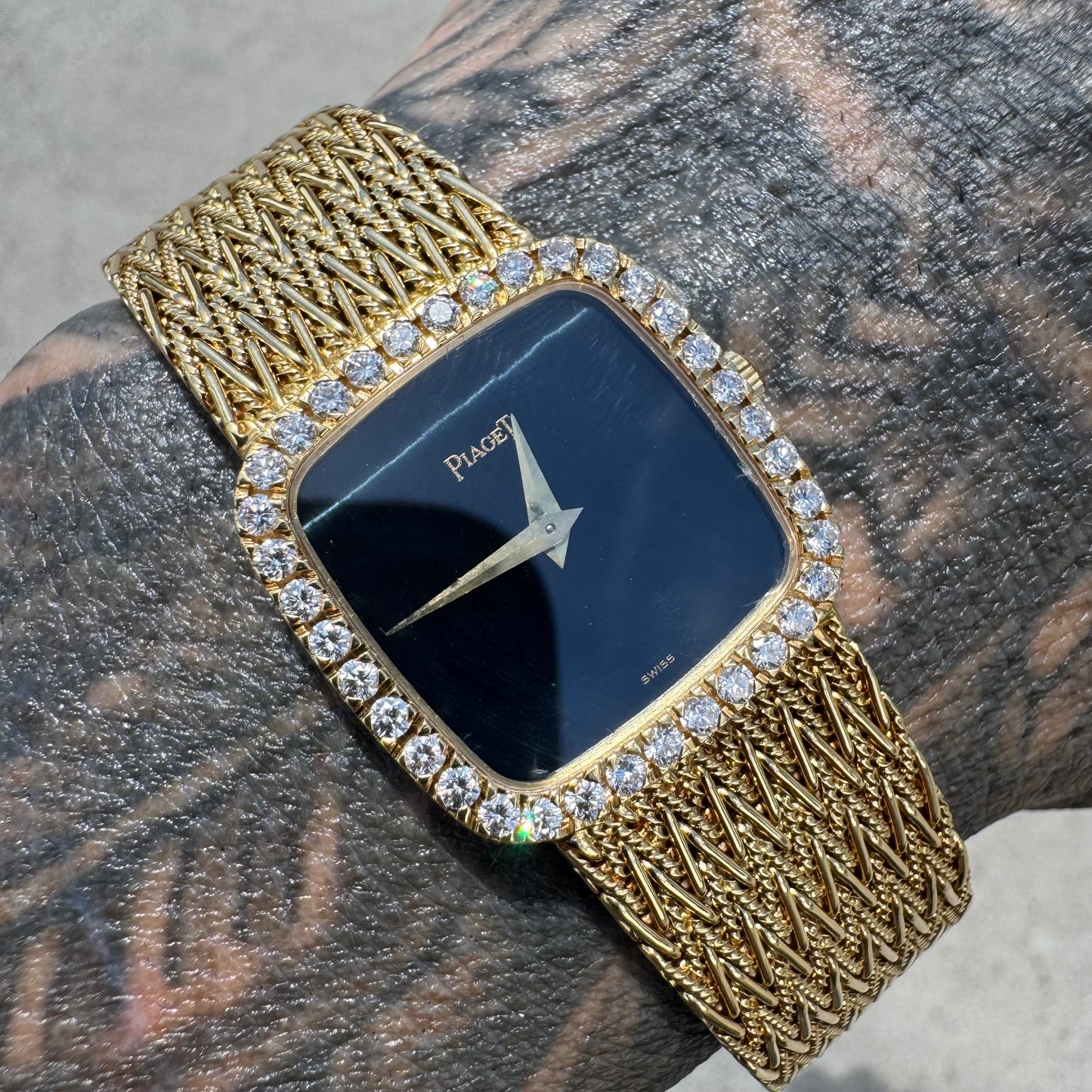 Late 1970’s/Early 1980’s Piaget Solid 18k Yellow Gold Factory Diamond Bezel Falcons Eye Stone Dial 9908 D11 Watch (7.5”)