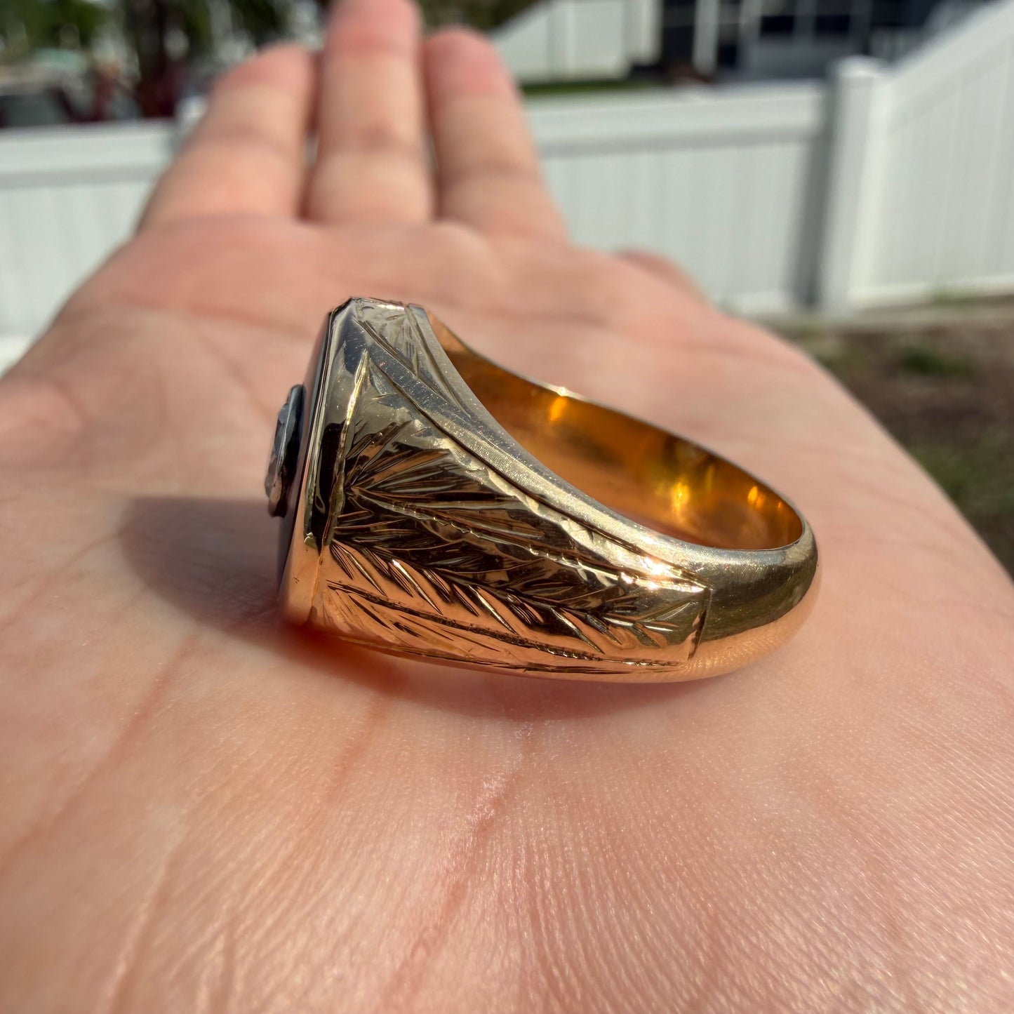 Art Deco Handcrafted Solid 18k Yellow Gold .56ct Natural Old Euro Cut Diamond Black Onyx Signet Ring (9)