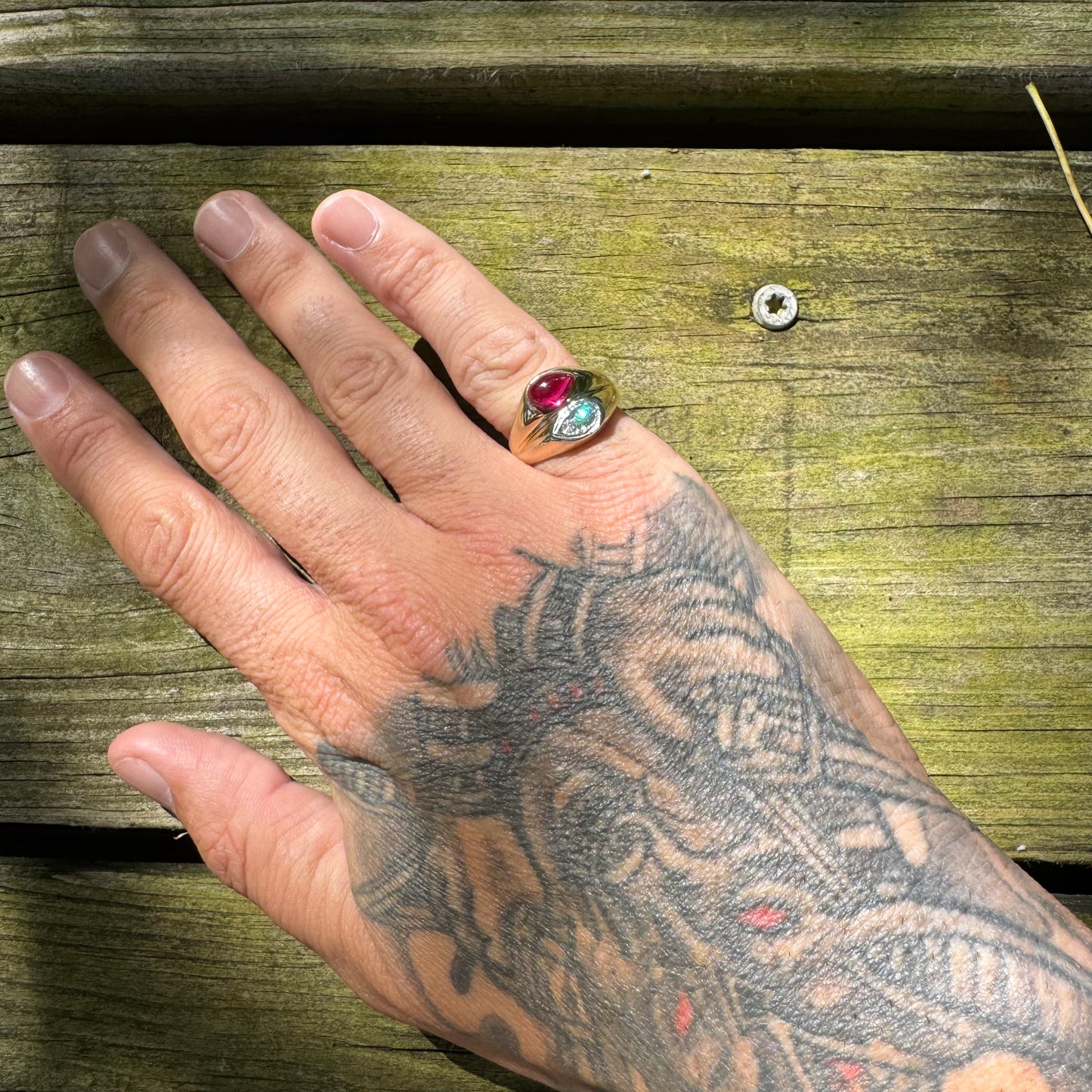 Vintage 14k Yellow Gold Tony Soprano Natural Diamond & Rhodolite Garnet Pinky Ring