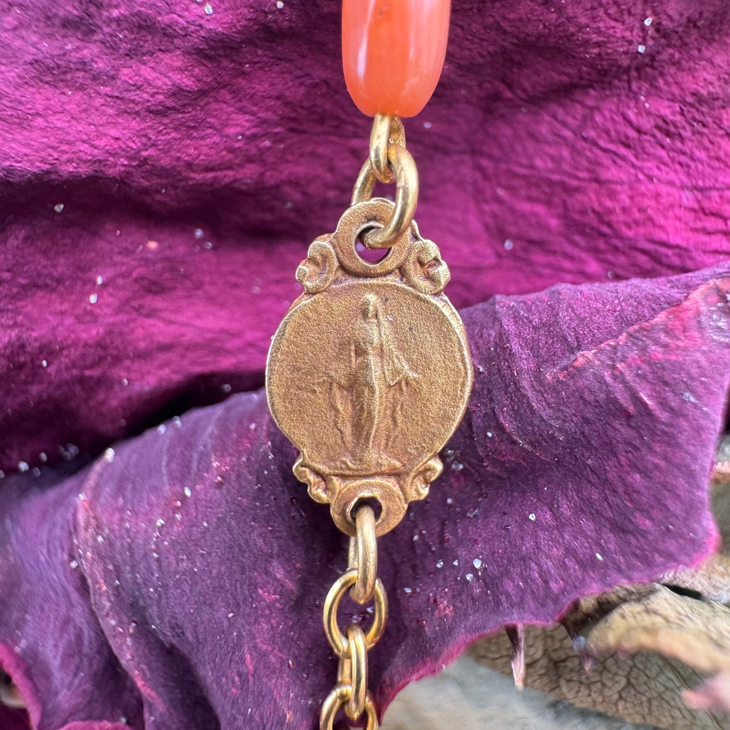 Antique French Hallmarked 18k Yellow Gold Angel Skin Coral Rosary Necklace (23”)