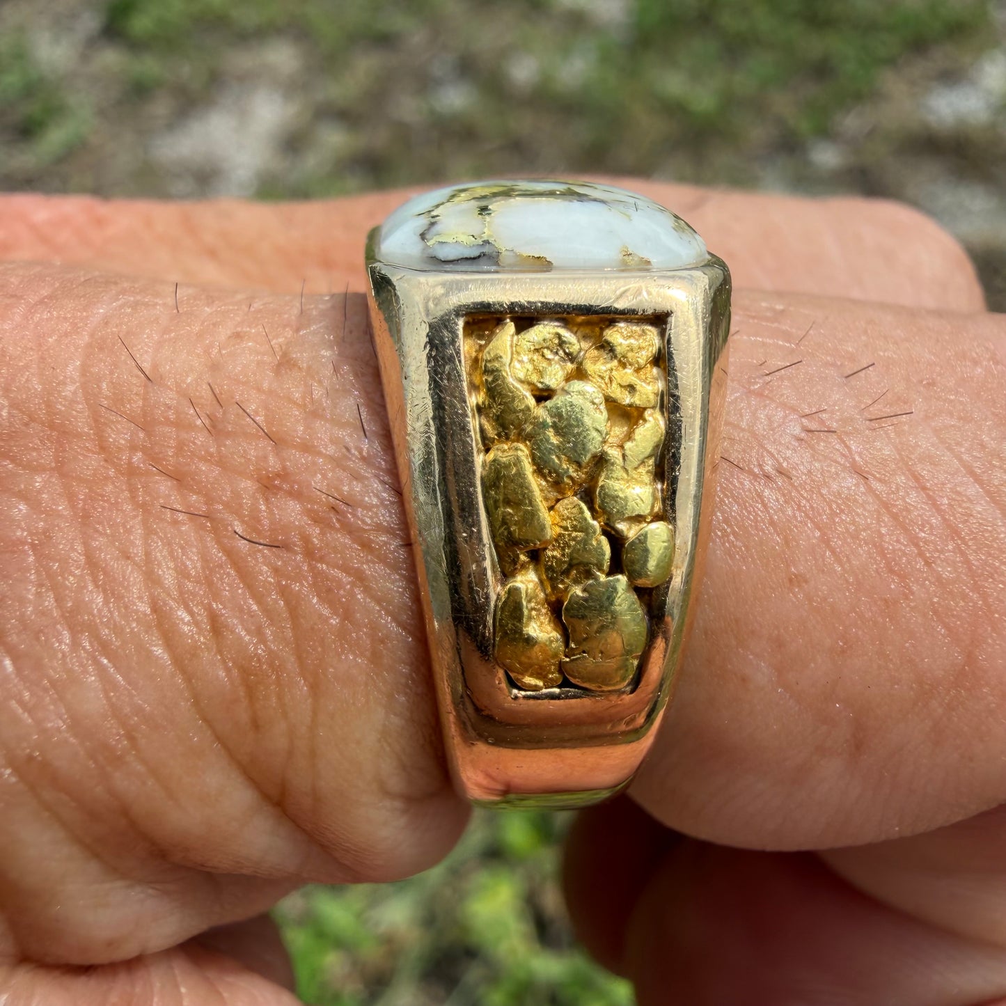 Vintage Solid 14k Yellow Gold Raw 22k Nugget Gold Bearing Quartz Signet Ring (10)