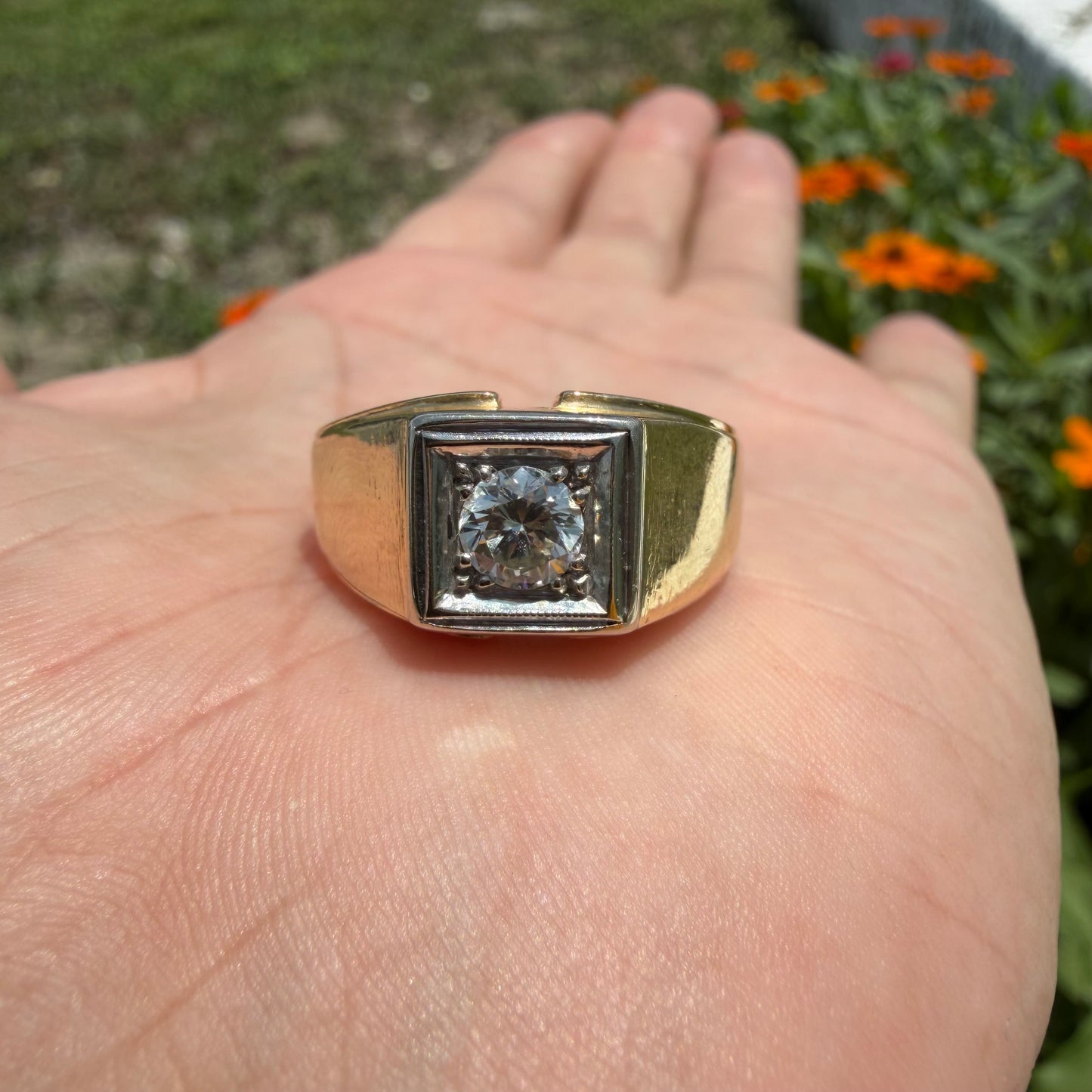 Art Deco Solid 14k Yellow Gold .60ct Old Euro Cut Natural Diamond Solitaire Gents Ring (10.5)