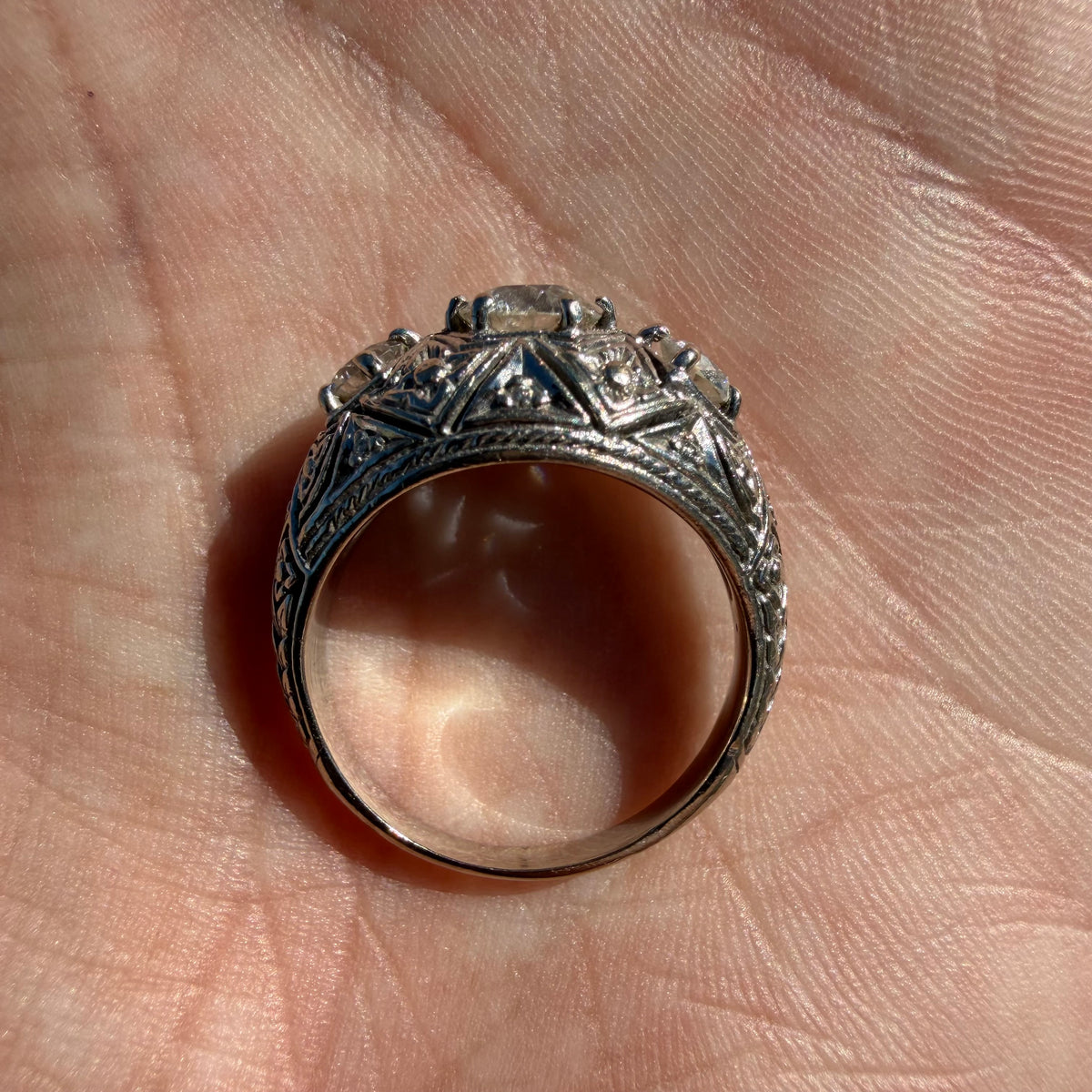 Art Deco Solid Platinum 1.0ctw Natural Old Euro Cut Diamond Trilogy Dome Ring (6.5)