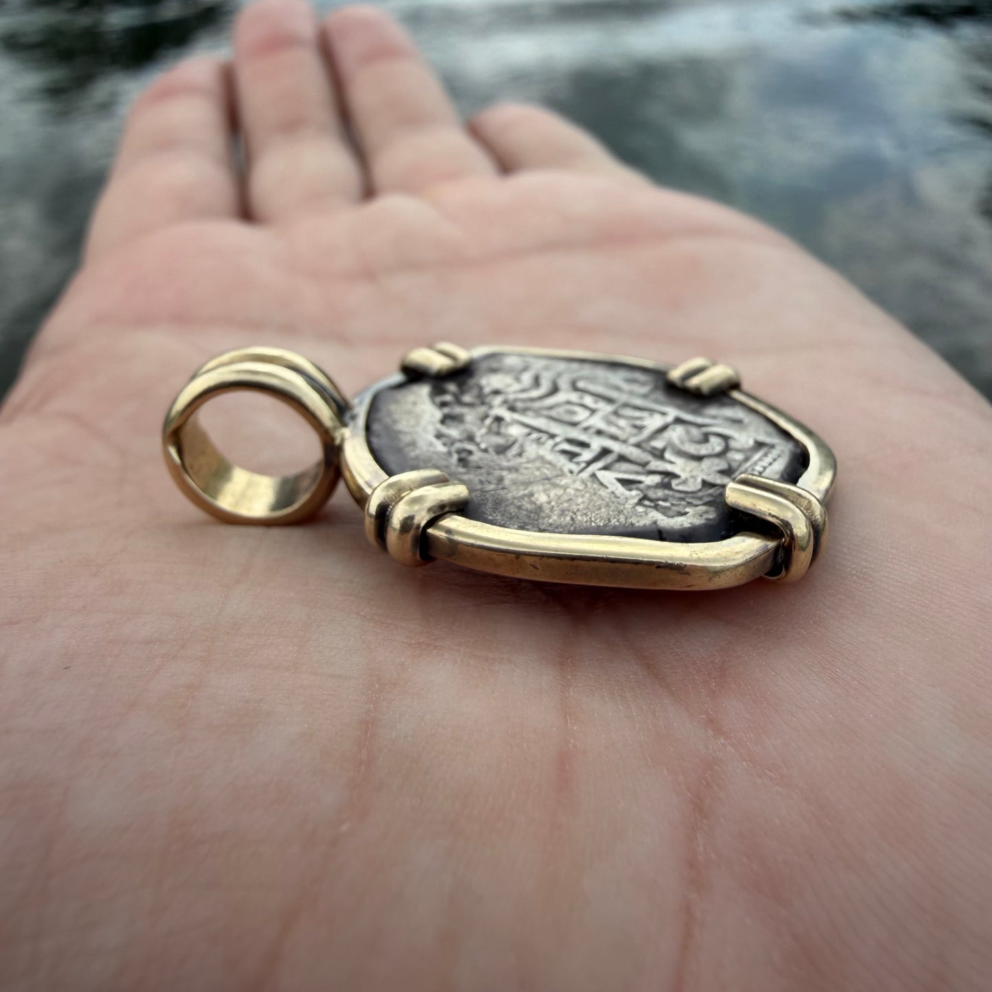 1680 Potosi V Bolivia Silver 2 Reale Coin Vintage Custom 14k Yellow Gold Pendant