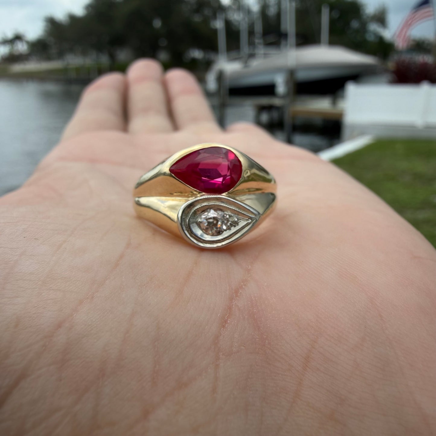 Vintage Solid 14k Yellow Gold Natural Old Euro Cut Diamond Pink Spinel Tony Soprano Pinky Ring (10)