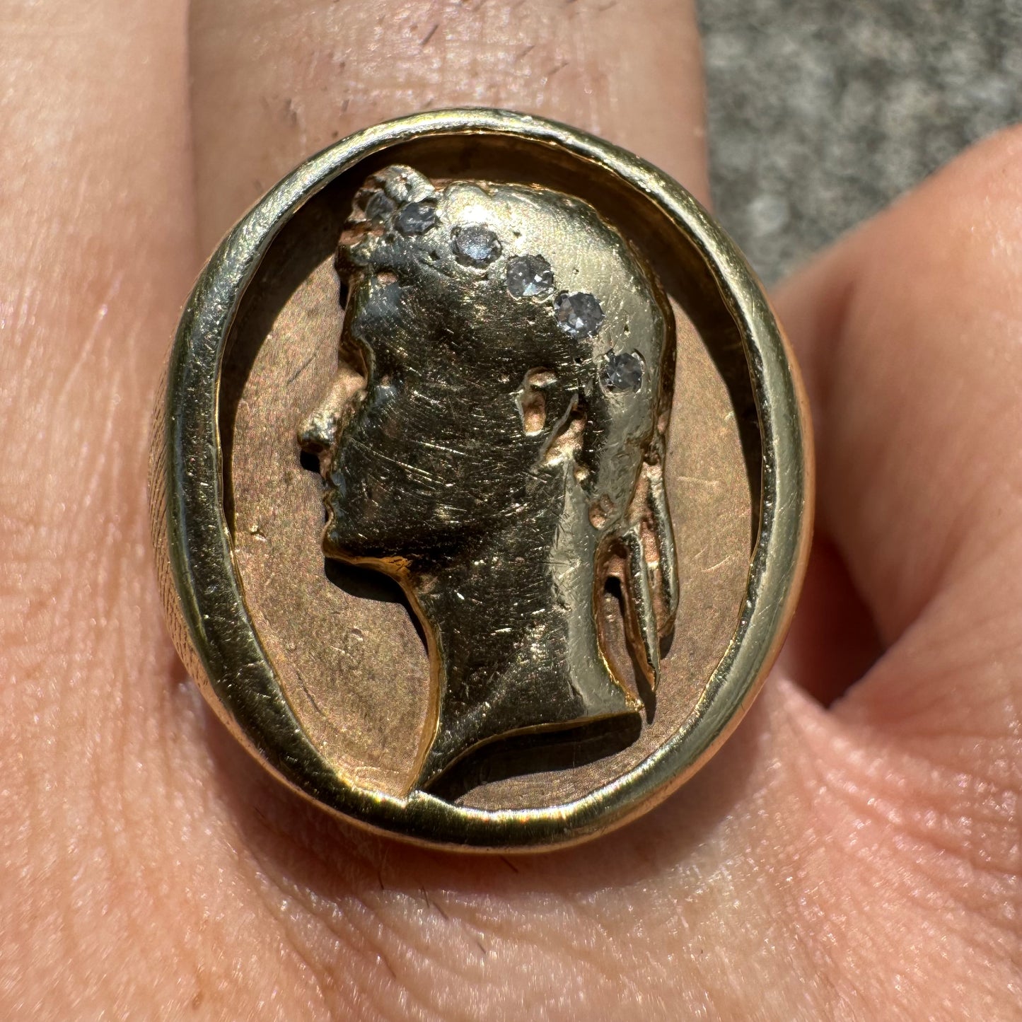 Mid-Century 14k Yellow Gold Natural Diamond Julius Caesar Mafioso Style Signet Ring (8.5)