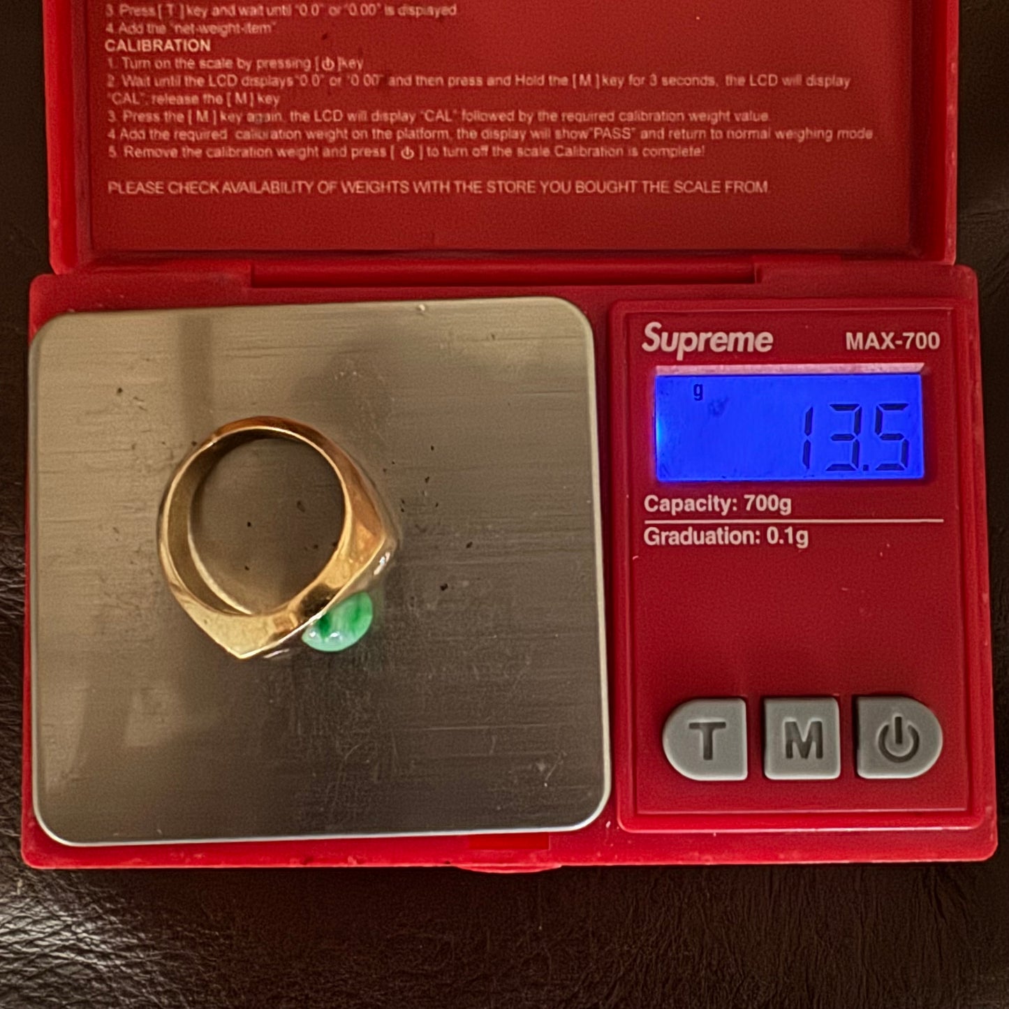 Mid-Century Solid 14k Yellow Gold Apple Jade Natural Diamond Trilogy Ring (9.5)