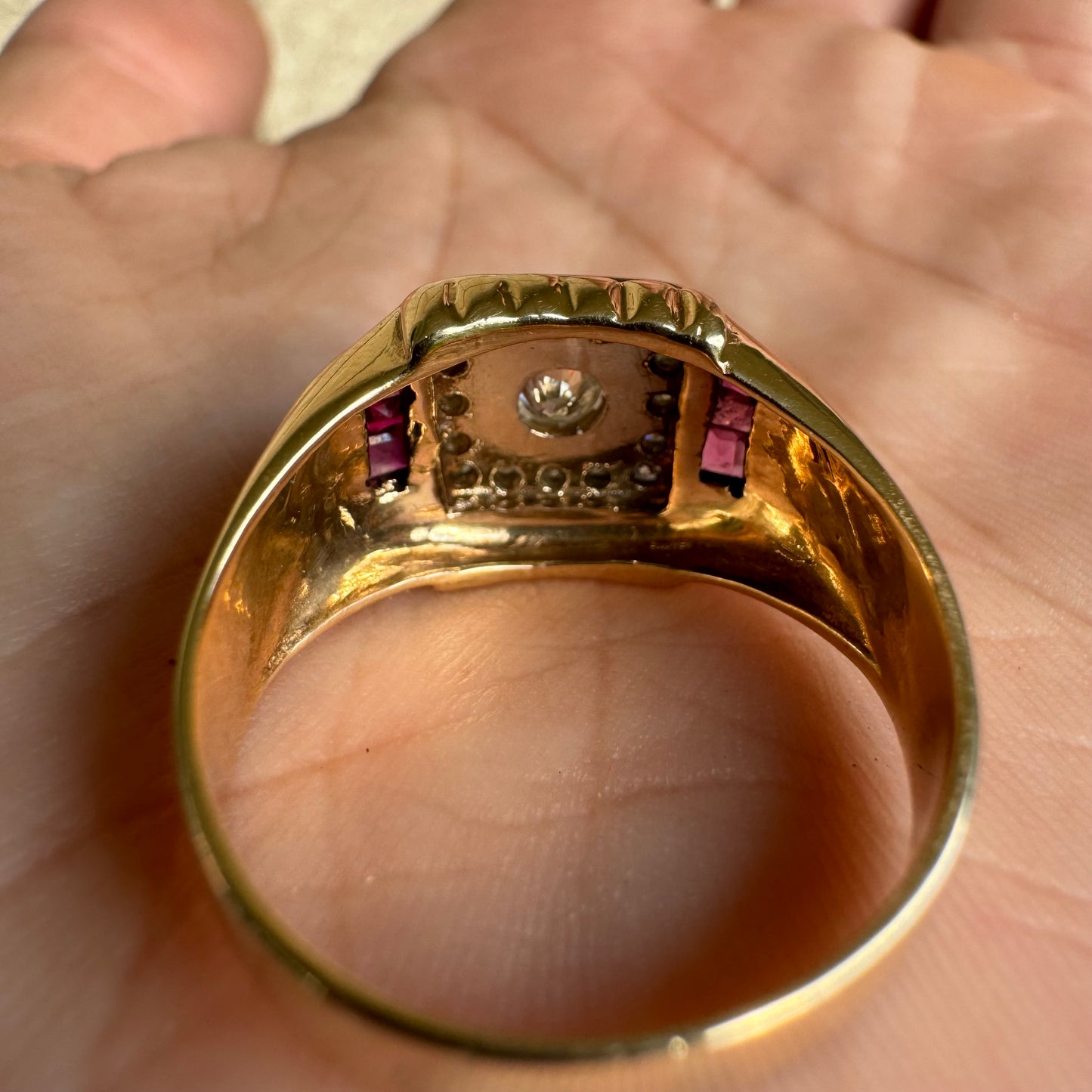 Mid Century Natural VS Quality Diamond And Ruby Mafioso Gents Ring (10.5)