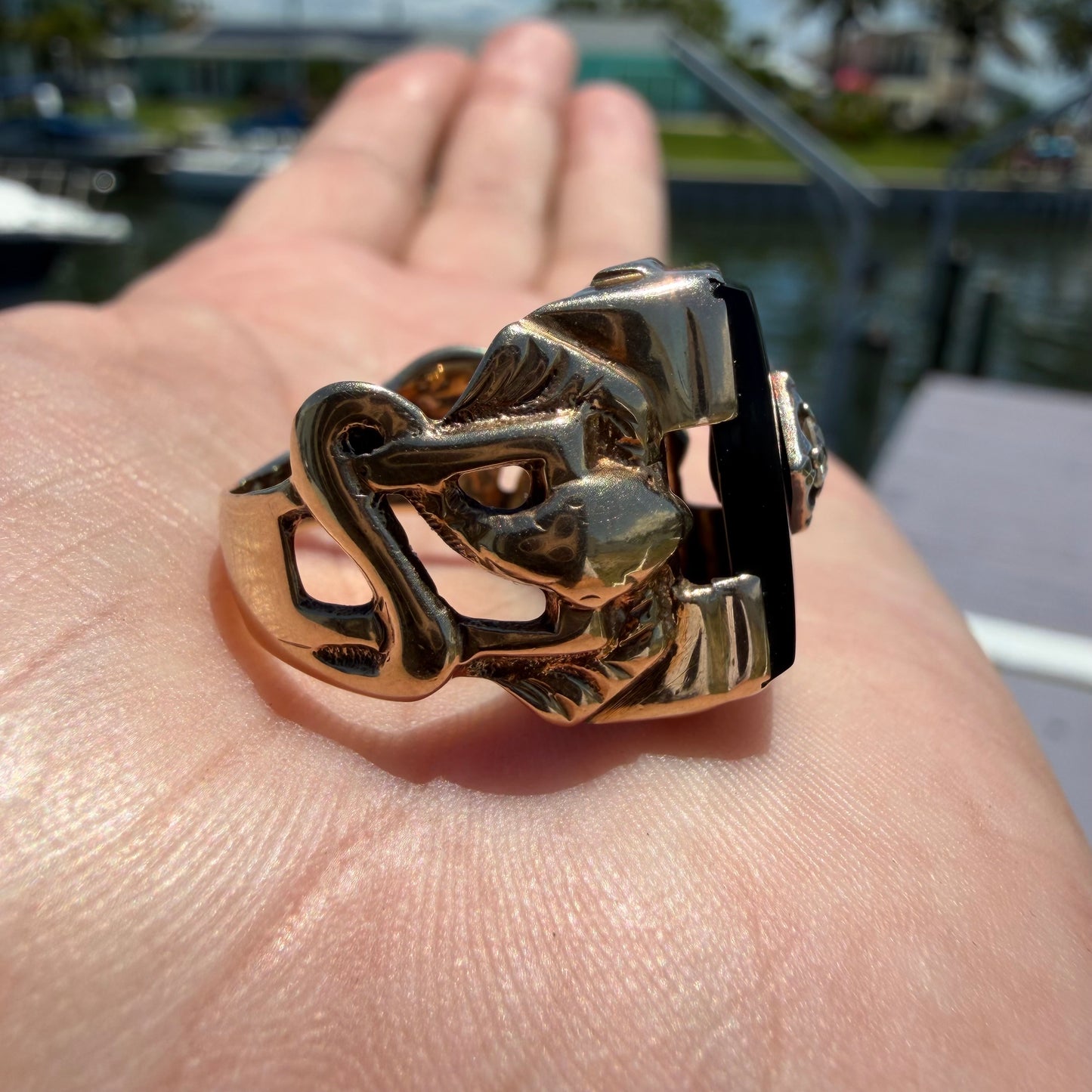 1940’s Solid 10k Yellow Gold Black Onyx Natural Diamond Solitaire Double Snake Signet Ring (9)