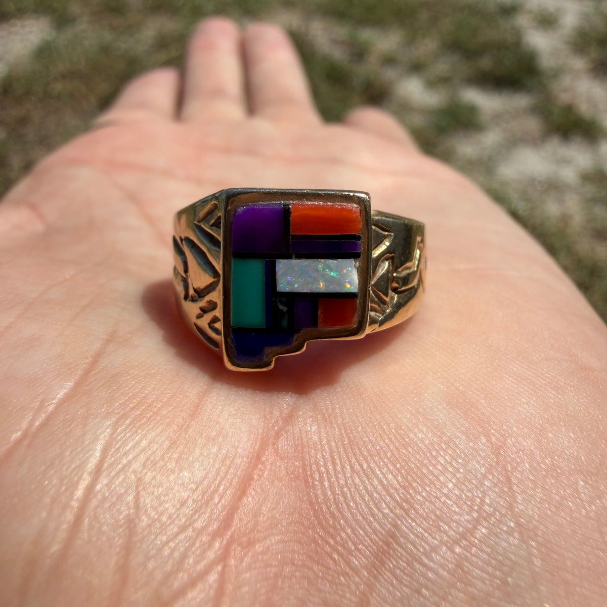 Vintage Native Southwestern Solid 14k Yellow Gold Multi-Stone Inlaid New Mexico State Ring (10)