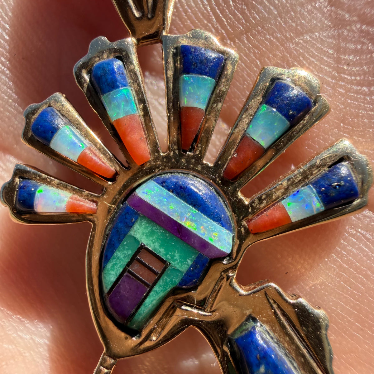 Vintage Native Southwestern Solid 14k Yellow Gold Multi-Stone Inlaid Kokopelli Pendant Signed “R. Nessie”
