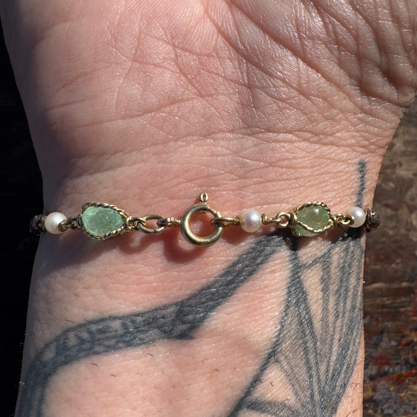 Early 1800’s Georgian Era Solid 18k Yellow Gold Sterling SIlver Rose Cut Diamond Raw Emerald Seed Pearl Bracelet (6.5”)