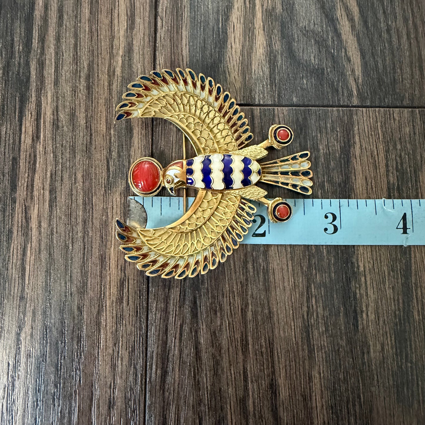 Vintage Solid 18k Yellow Gold Plique-à-Jour Large Egyptian Revival Horus Falcon Pendant/Brooch