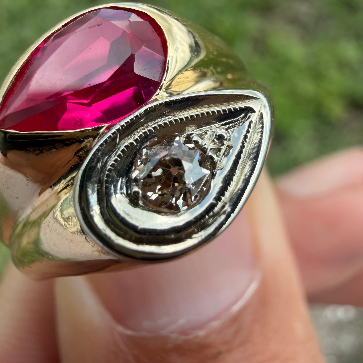 Vintage Solid 14k Yellow Gold Natural Old Euro Cut Diamond Pink Spinel Tony Soprano Pinky Ring (10)