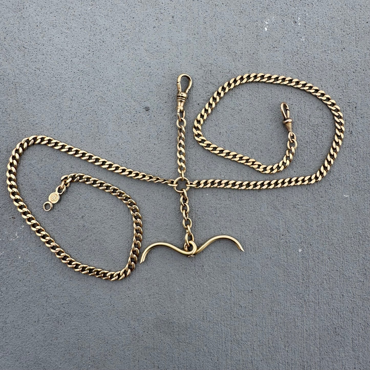 Antique Solid 14k Yellow Gold Double Dog Clip Curb Link Albert Watch Chain Necklace (21”)