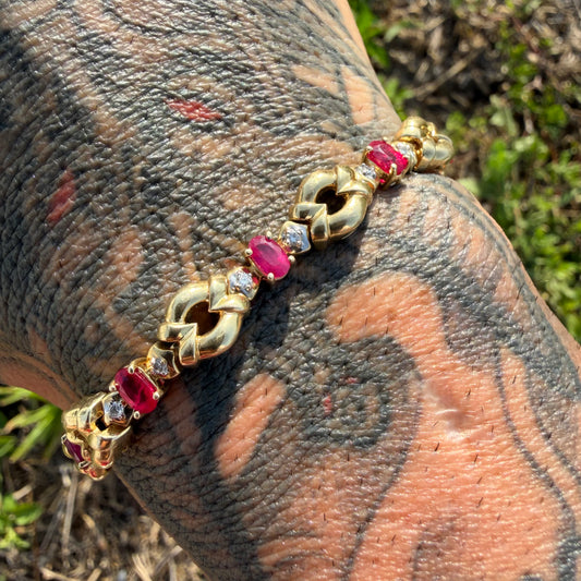 Vintage Solid 14k Yellow Gold Heavyweight 2.75ctw Natural Ruby And Diamond Bracelet (7.25”)