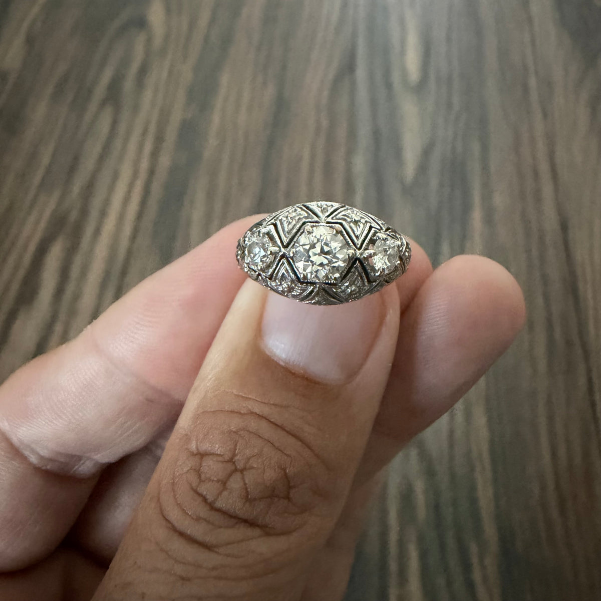 Art Deco Solid Platinum 1.0ctw Natural Old Euro Cut Diamond Trilogy Dome Ring (6.5)