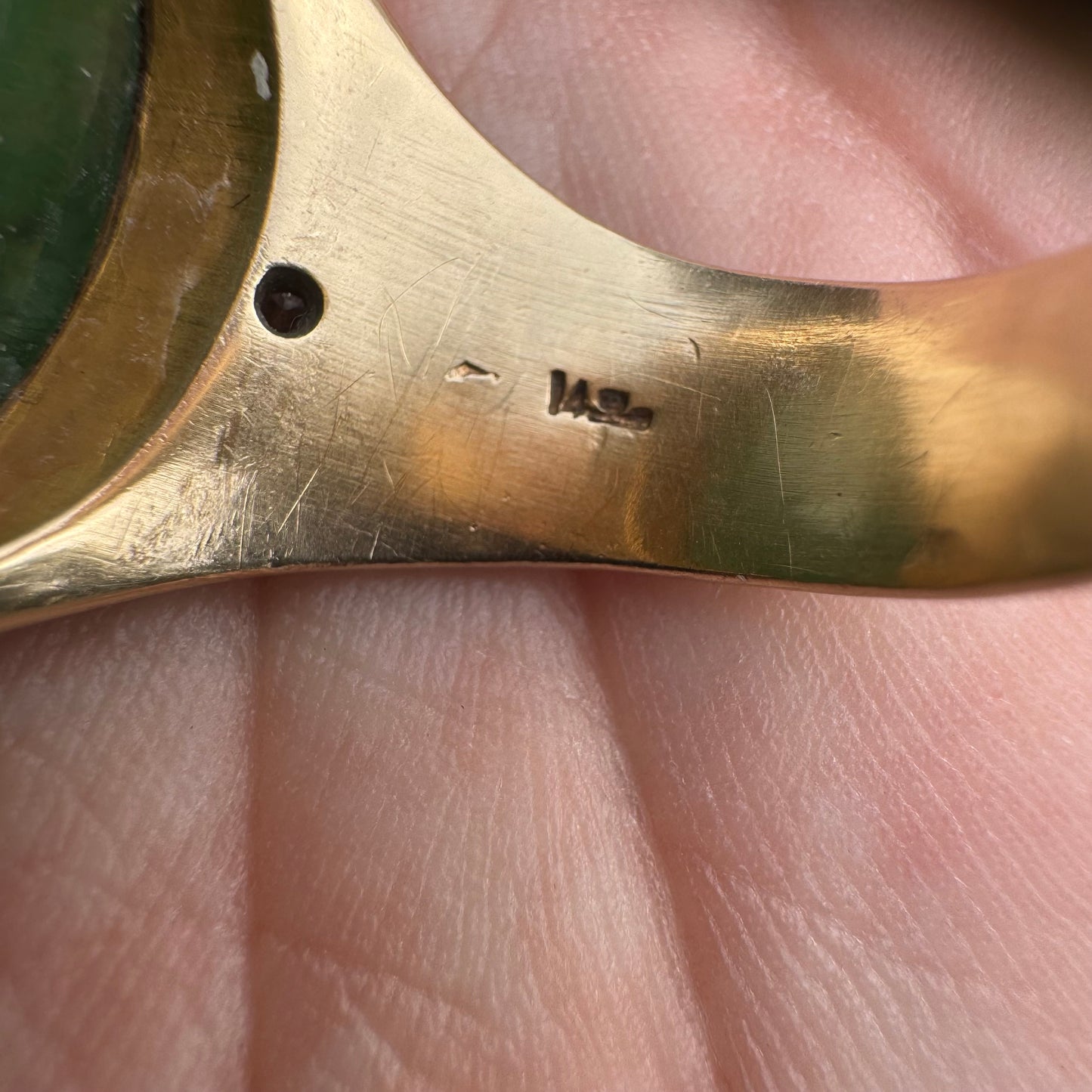 Art Deco Solid 14k Yellow Gold Jade & Diamond Dragon & Floral Carved Signet Ring By Larter And Sons (9.5)