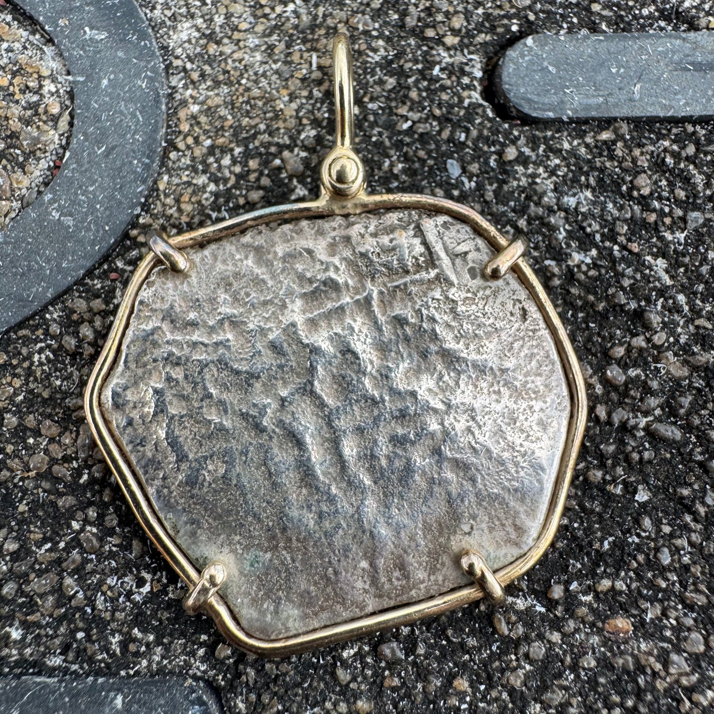 1600’s Philip III Silver 8 Reales Shipwreck Coin 14k Yellow Gold Pendant