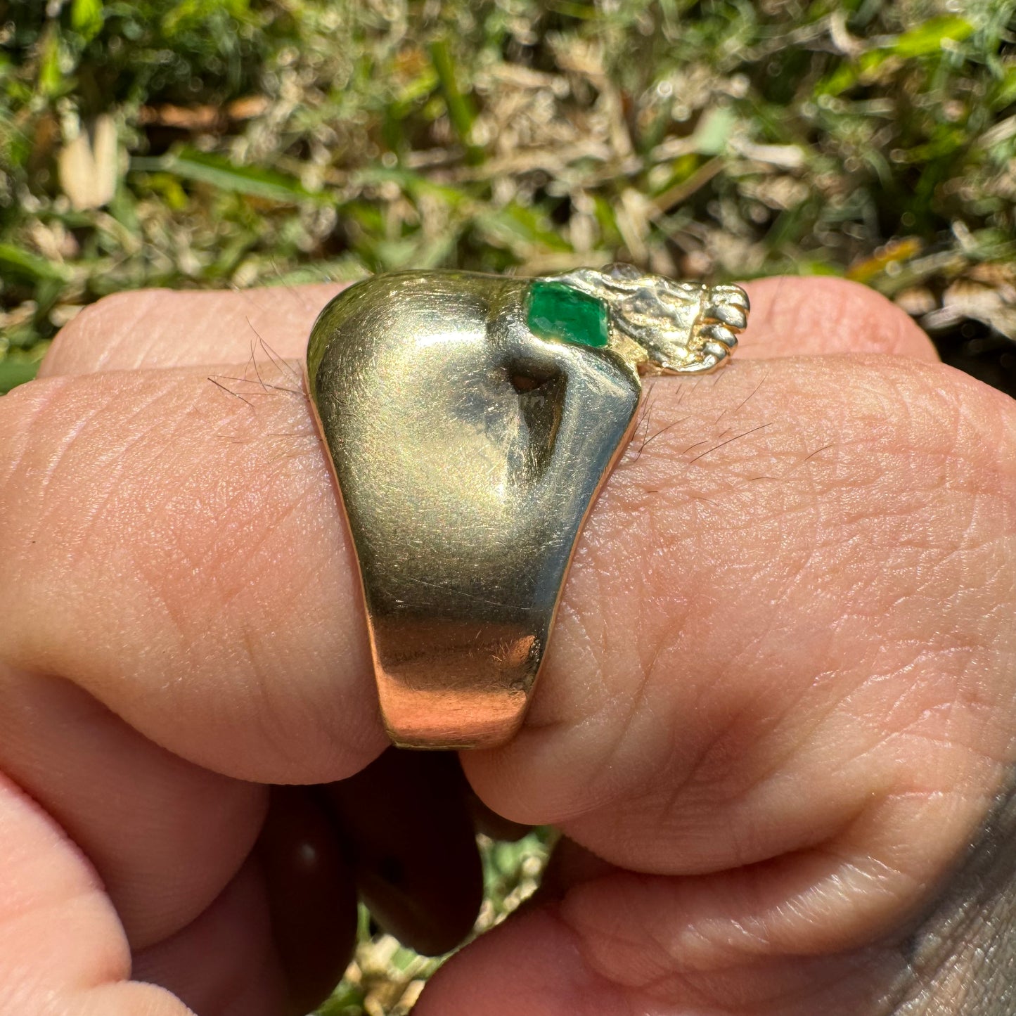 Vintage Custom Made 14k Yellow Gold Natural Emerald And Old Euro Cut Diamond Large Skull Ring (12)