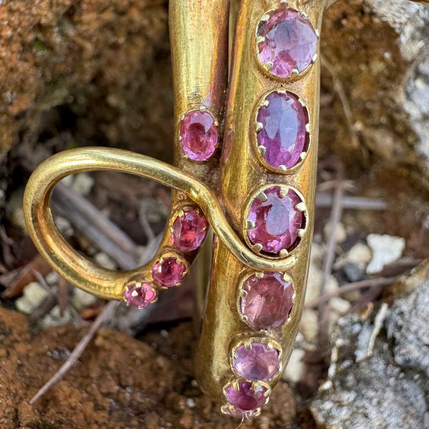 Mid 1800’s 15k Yellow Gold Blue And Pink Sapphire Encrusted Snake Bracelet (6”-7”)
