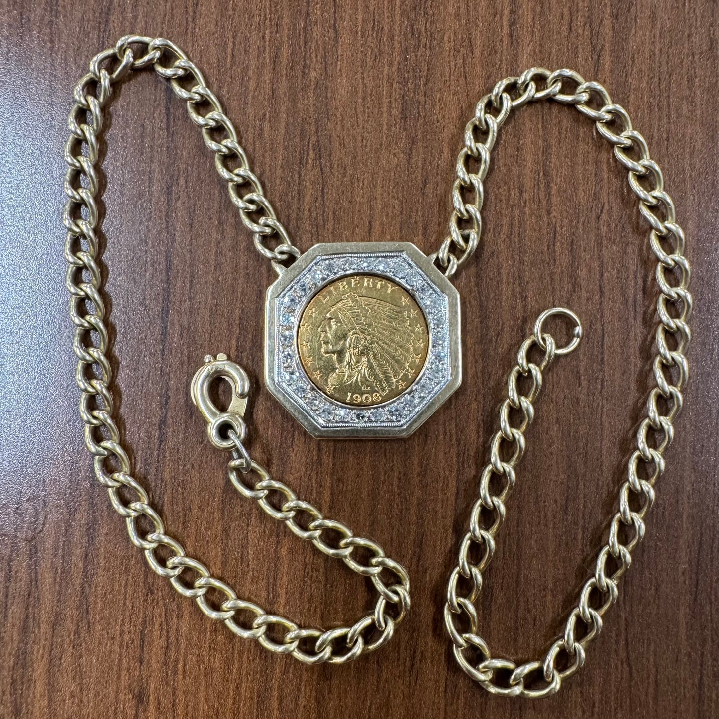 1908 $2.5 Gold Indian Head Coin Natural Diamond Curb Link Necklace (16”)