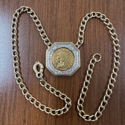 1908 $2.5 Gold Indian Head Coin Natural Diamond Curb Link Necklace (16”)