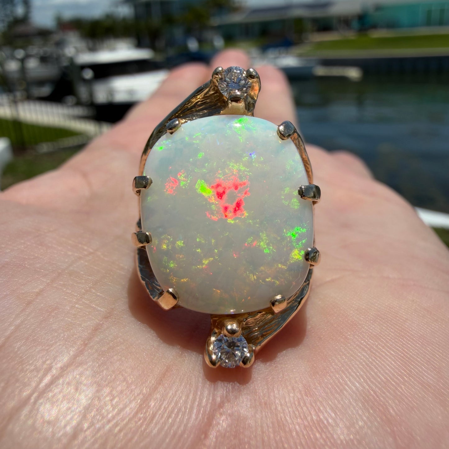 Vintage Artisan Crafted Solid 14k Yellow Gold Natural White Opal And Diamond Brutalist Ring (8)