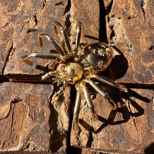 Victorian Solid 18k Gold Natural Rose Cut Diamond And Ruby Large Spider Brooch Pendant