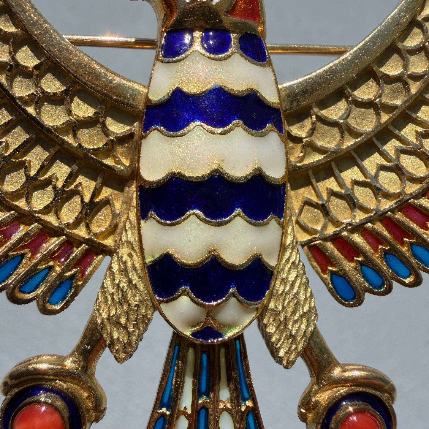 Vintage Solid 18k Yellow Gold Plique-à-Jour Large Egyptian Revival Horus Falcon Pendant/Brooch