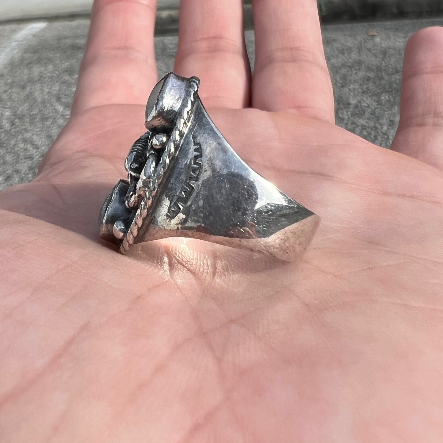 Circa 1960’s Solid Backed Sterling Silver Scorpion And Opal Southwestern Signet Ring (9.5)
