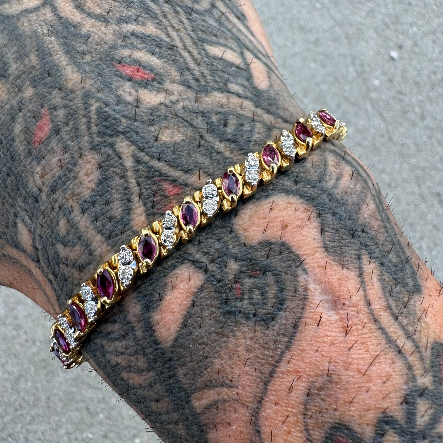 Vintage Solid 14k Yellow Gold 5.0Ctw Natural Ruby And .50ctw Diamond Tennis Bracelet (7.25”)