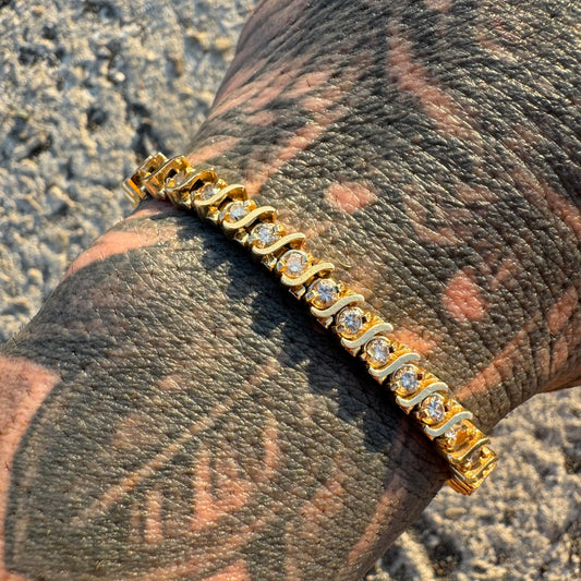 Vintage Solid 14k Yellow Gold 3.0ctw Natural Diamond Heavyweight S-Link Tennis Bracelet (7.25”)