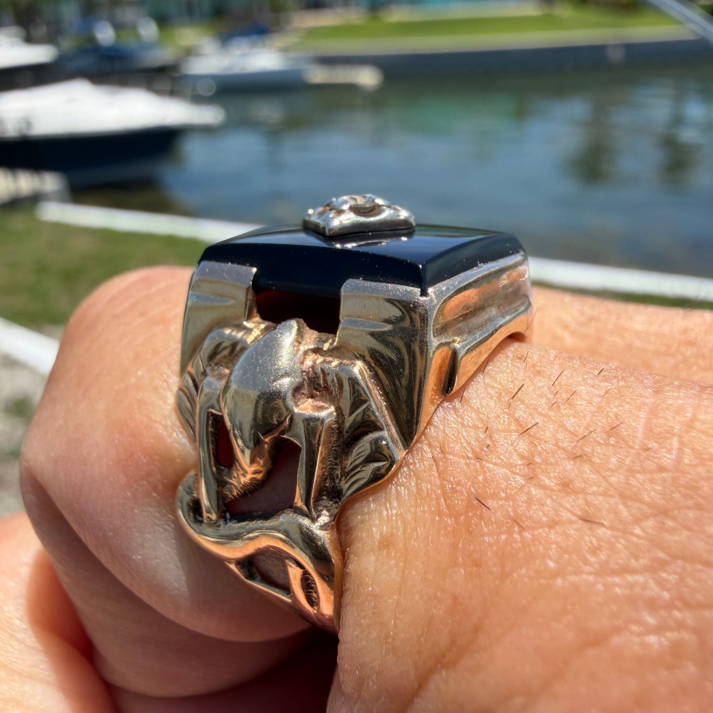 1940’s Solid 10k Yellow Gold Black Onyx Natural Diamond Solitaire Double Snake Signet Ring (9)